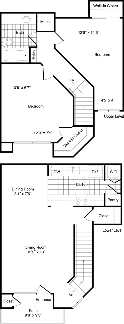A set of four floor plans for a house with a living room, dining room, kitchen, bathroom, bedrooms, and a walk-in closet.